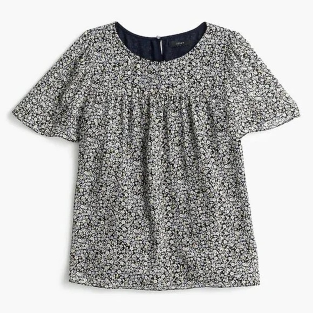 J. CREW Chiffon Silk Gold Metallic Black & White Blouse Floral Top - Picture 5 of 16